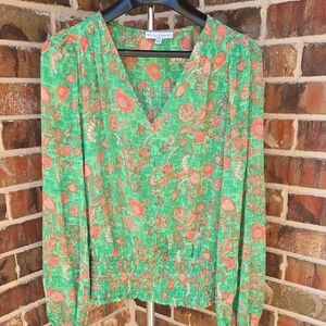 Floral V-Neck Blouse in Green and Orange